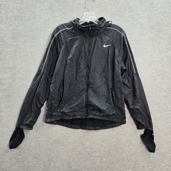 Nike Women Jacket Small Black Windbreaker Running Storm Fit Swoosh Logo Full Zip - Picture 1 of 12